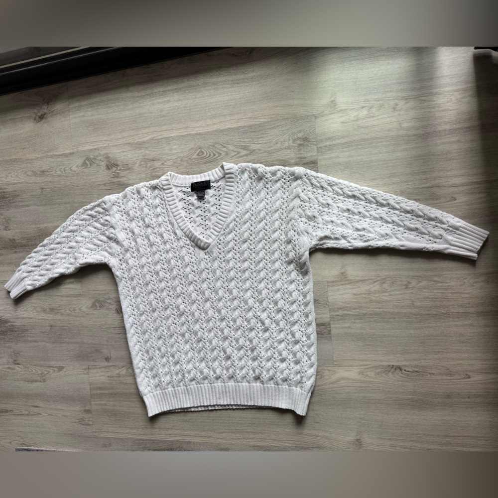 Vintage Premier Sport White Cotton Cable Knit Cottage Chunky V-Neck Sweater Lrg - Picture 4 of 9